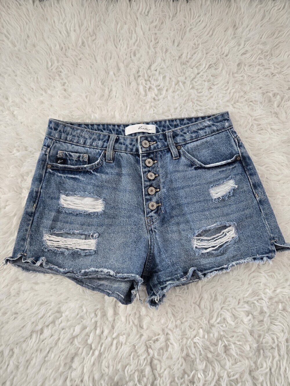KanCan high-rise distressed denim shorts exposed button-fly closure. Medium.